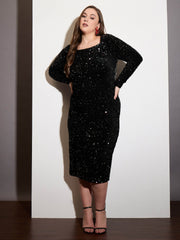 Women Black Velour Sequence Square Neck Maxi Dress-SFDRSS12538