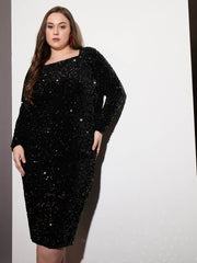 Women Black Velour Sequence Square Neck Maxi Dress-SFDRSS12538