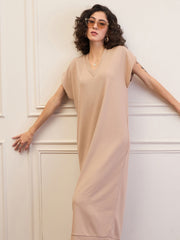 Women Beige V-Neck Sweater Dress-SFDRSS12540