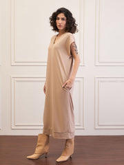 Women Beige V-Neck Sweater Dress-SFDRSS12540