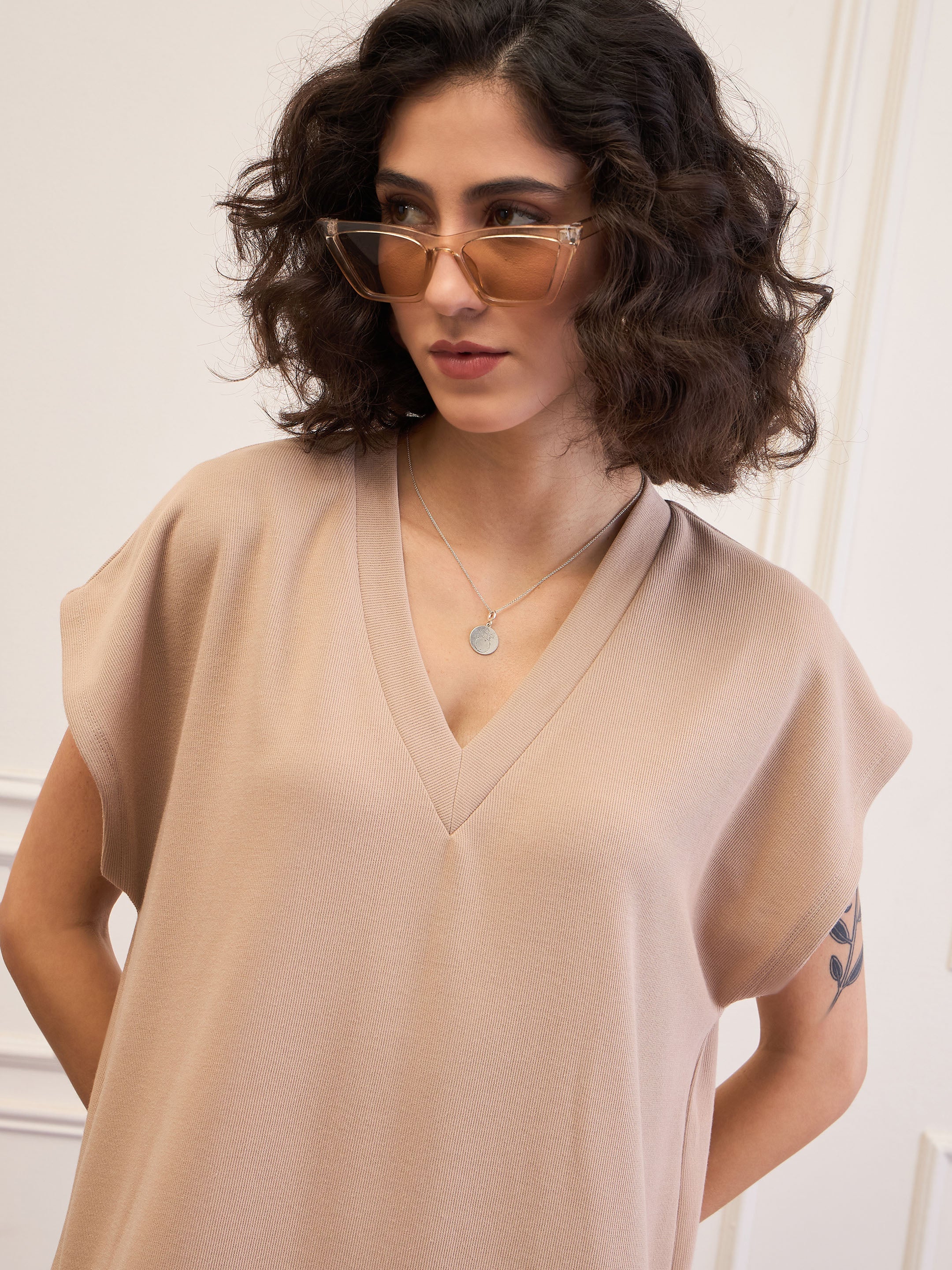 Women Beige V-Neck Sweater Dress-SFDRSS12540