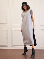 Women Grey V-Neck Sweater Dress-SFDRSS12541