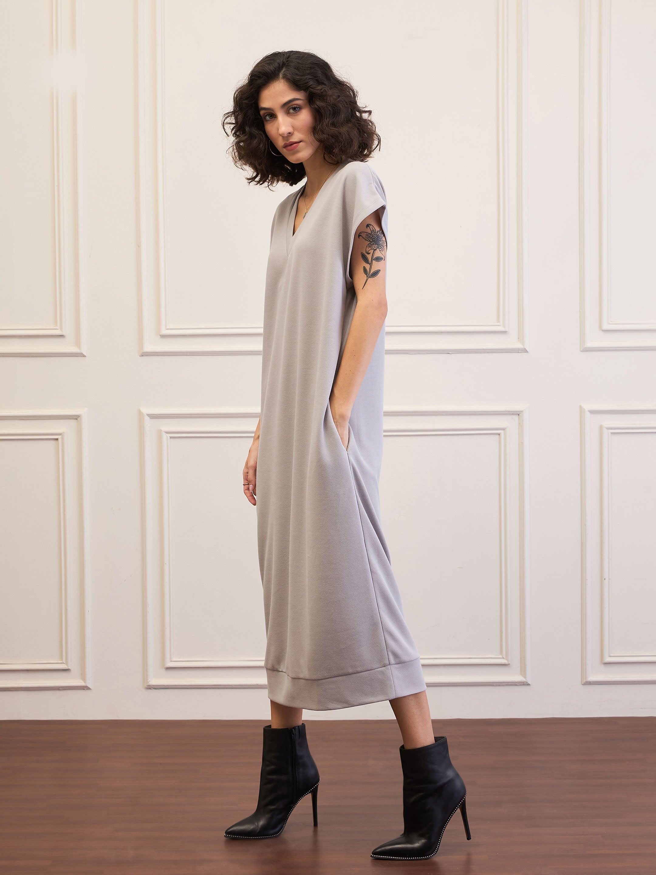 Women Grey V-Neck Sweater Dress-SFDRSS12541