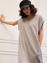 Women Grey V-Neck Sweater Dress-SFDRSS12541