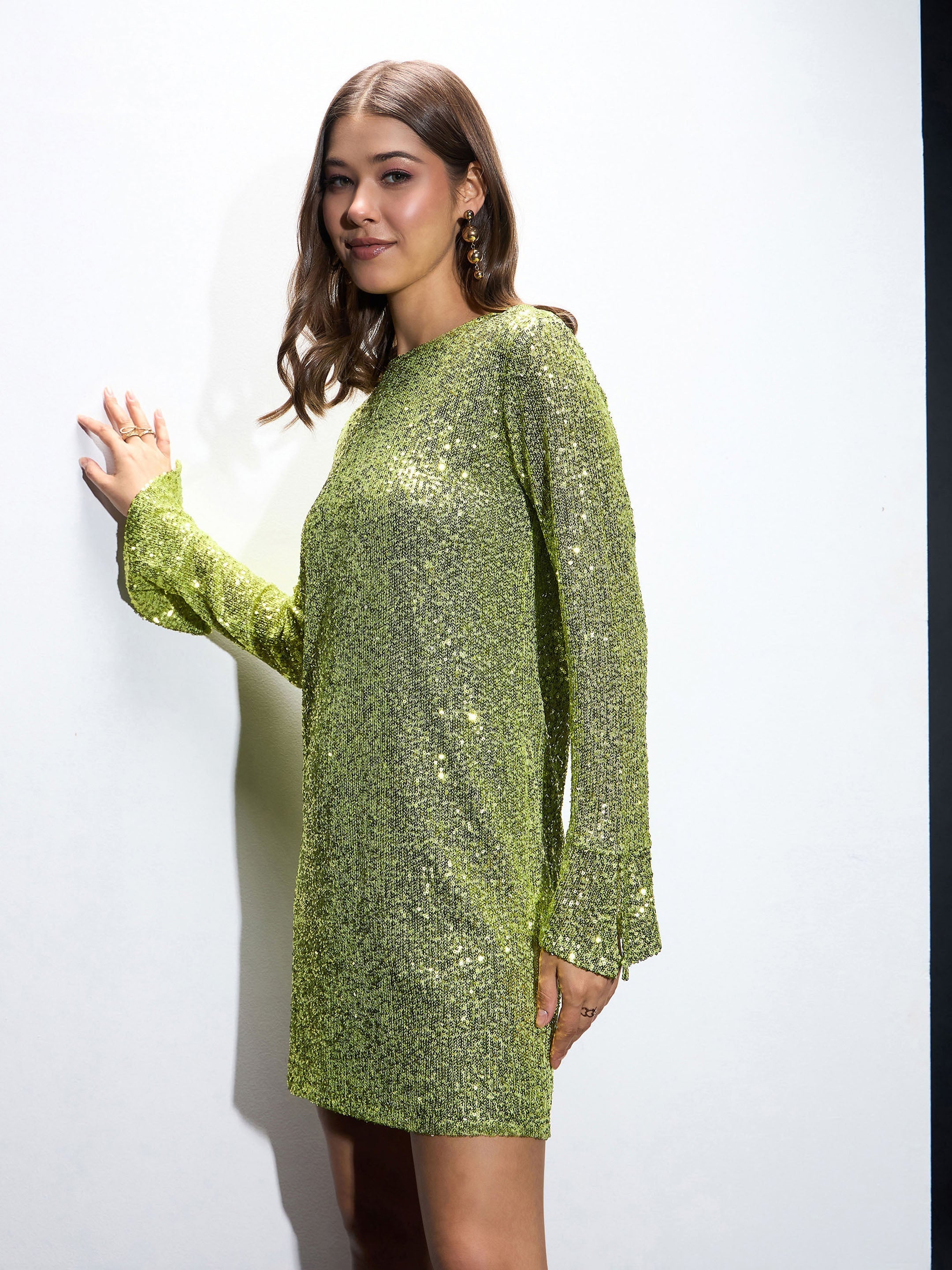 Women Green Sequin Back Cut-Out Short Dress-SFDRSS12546