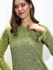 Women Green Sequin Back Cut-Out Short Dress-SFDRSS12546