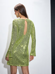 Women Green Sequin Back Cut-Out Short Dress-SFDRSS12546