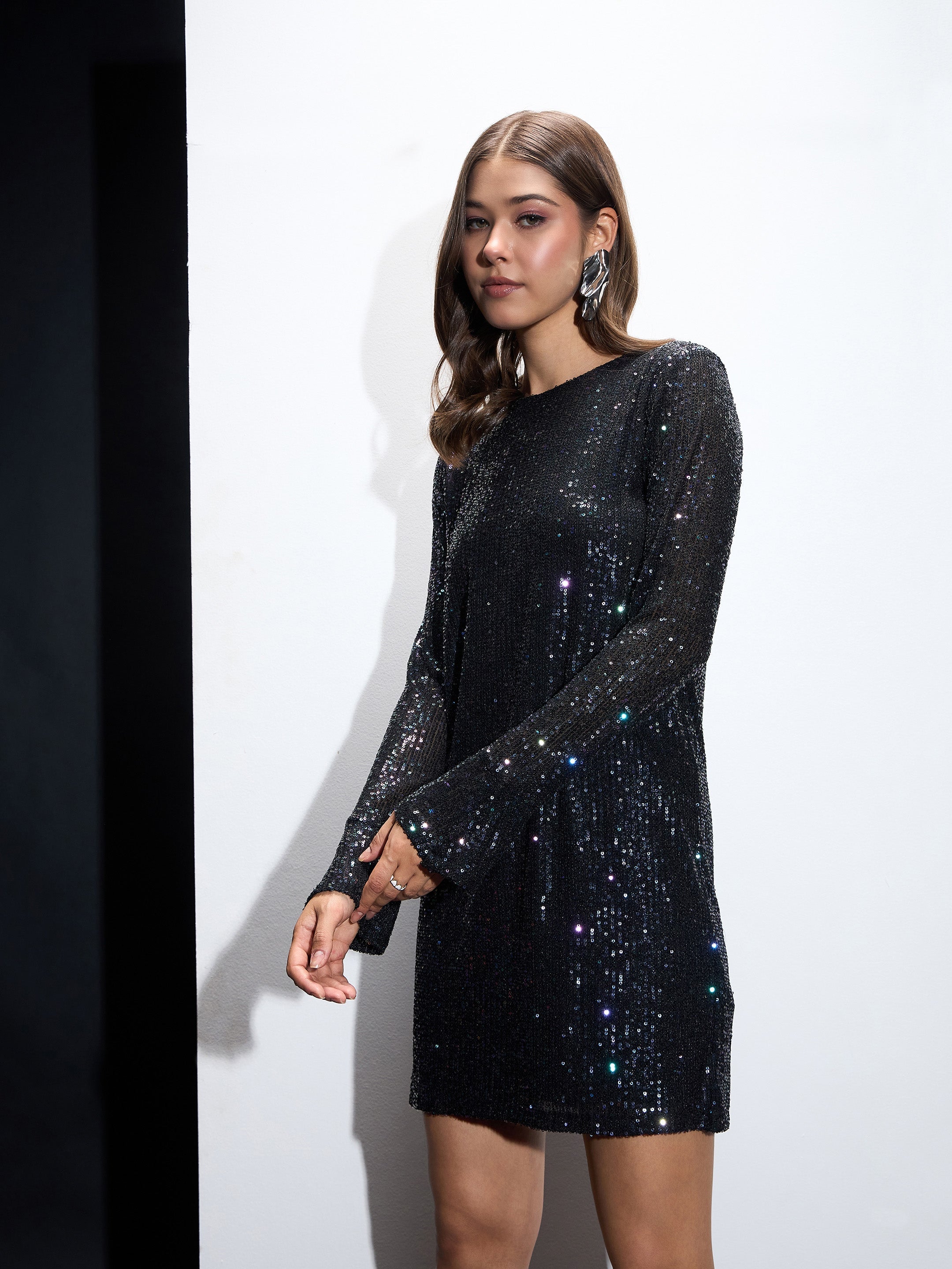 Women Black Sequin Back Cut-Out Short Dress-SFDRSS12548