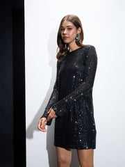 Women Black Sequin Back Cut-Out Short Dress-SFDRSS12548