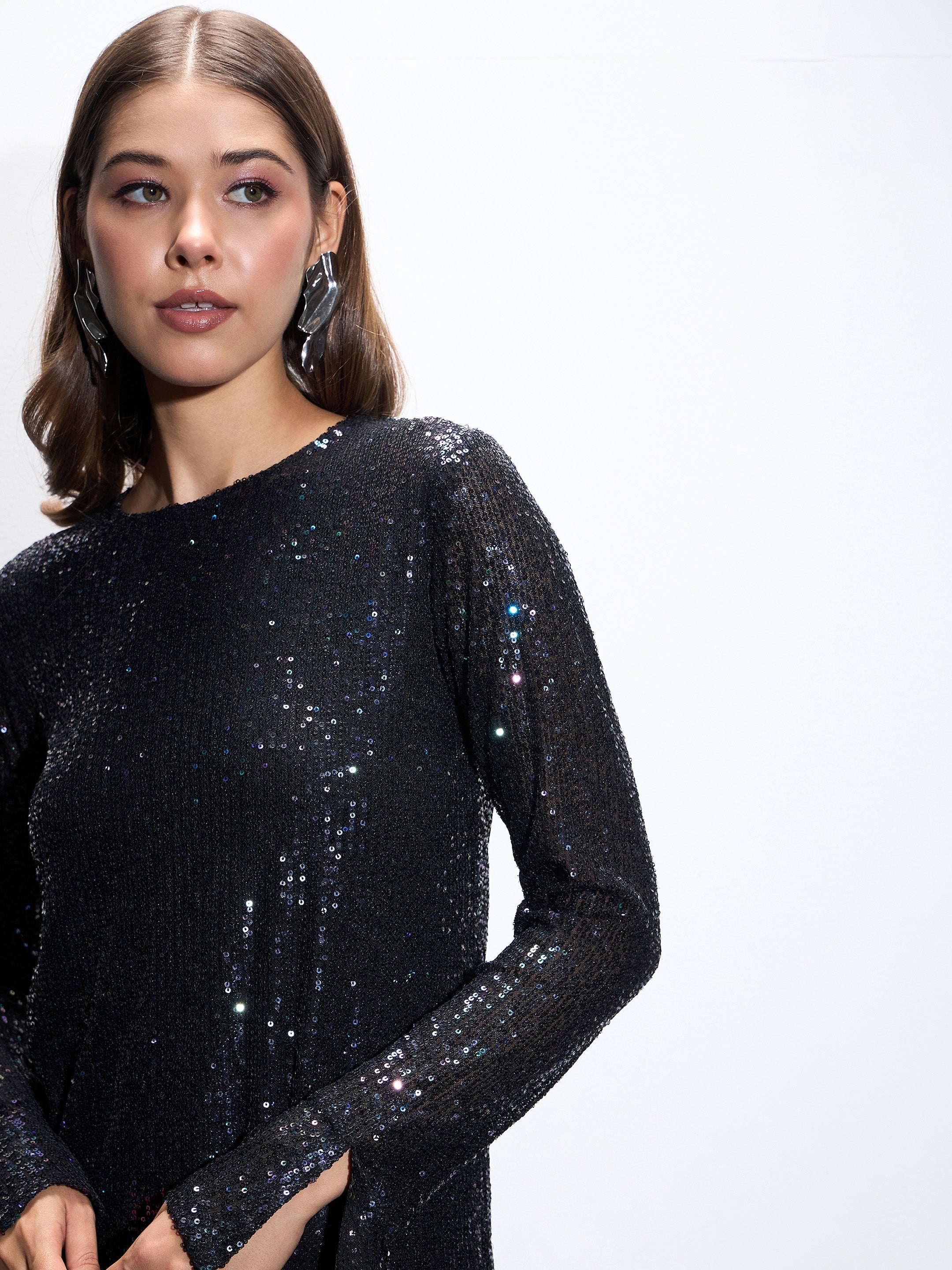 Women Black Sequin Back Cut-Out Short Dress-SFDRSS12548