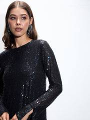 Women Black Sequin Back Cut-Out Short Dress-SFDRSS12548