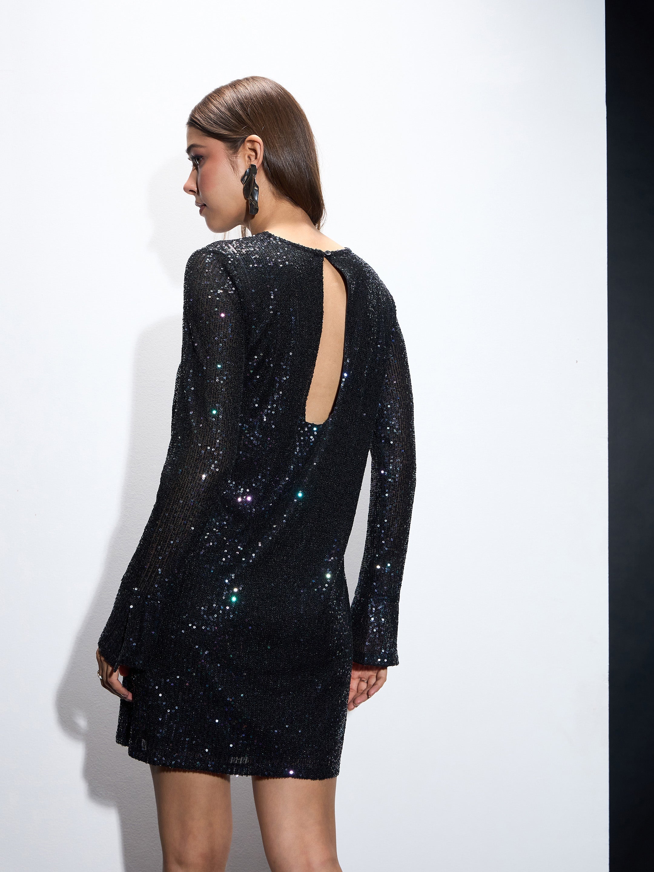 Women Black Sequin Back Cut-Out Short Dress-SFDRSS12548