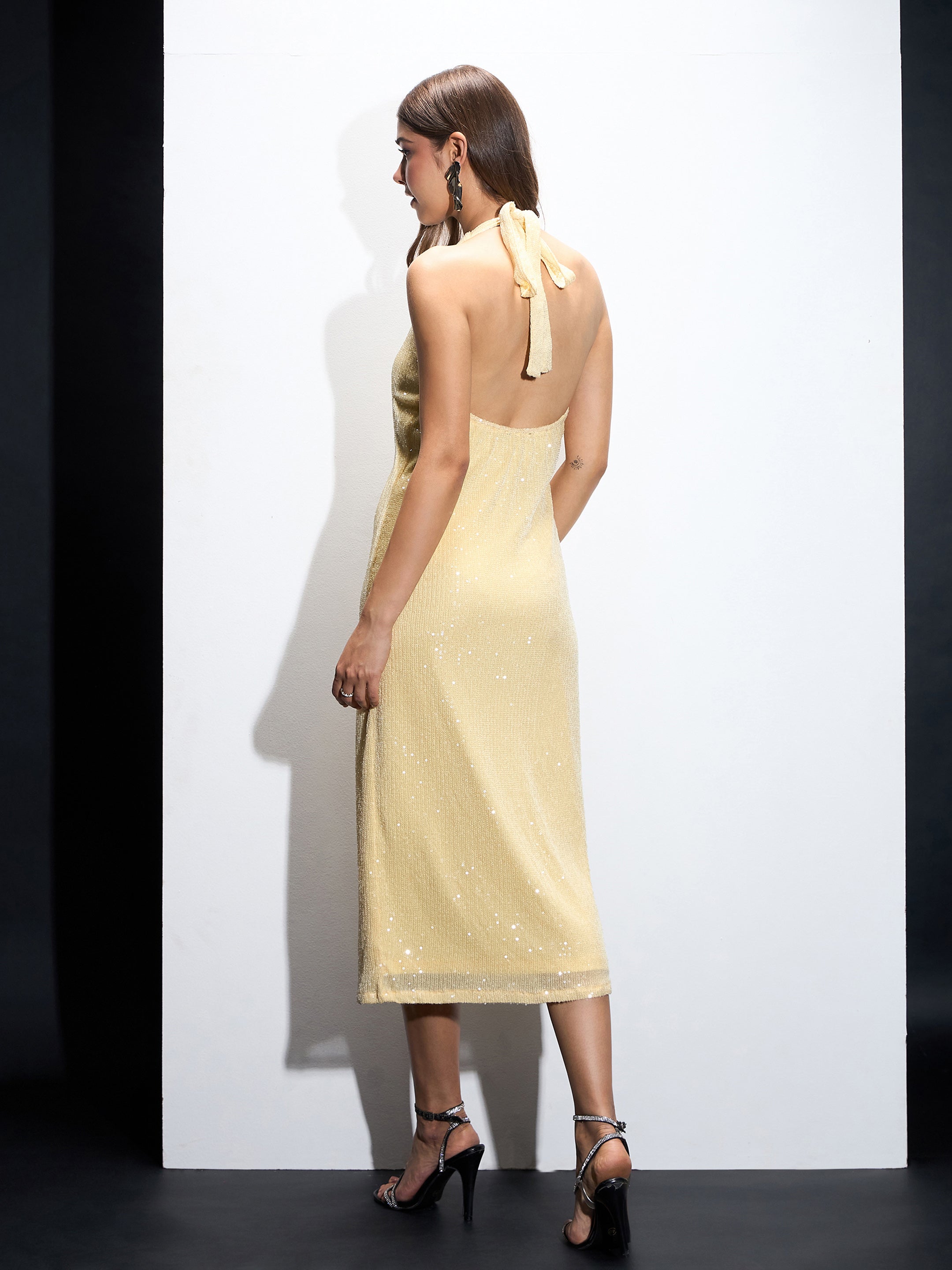 Women Yellow Sequin Halter Neck Short Dress-SFDRSS12556