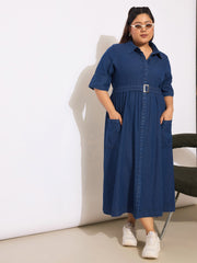 Women Navy Tencel Front Button Midi Dress-SFDRSS12650