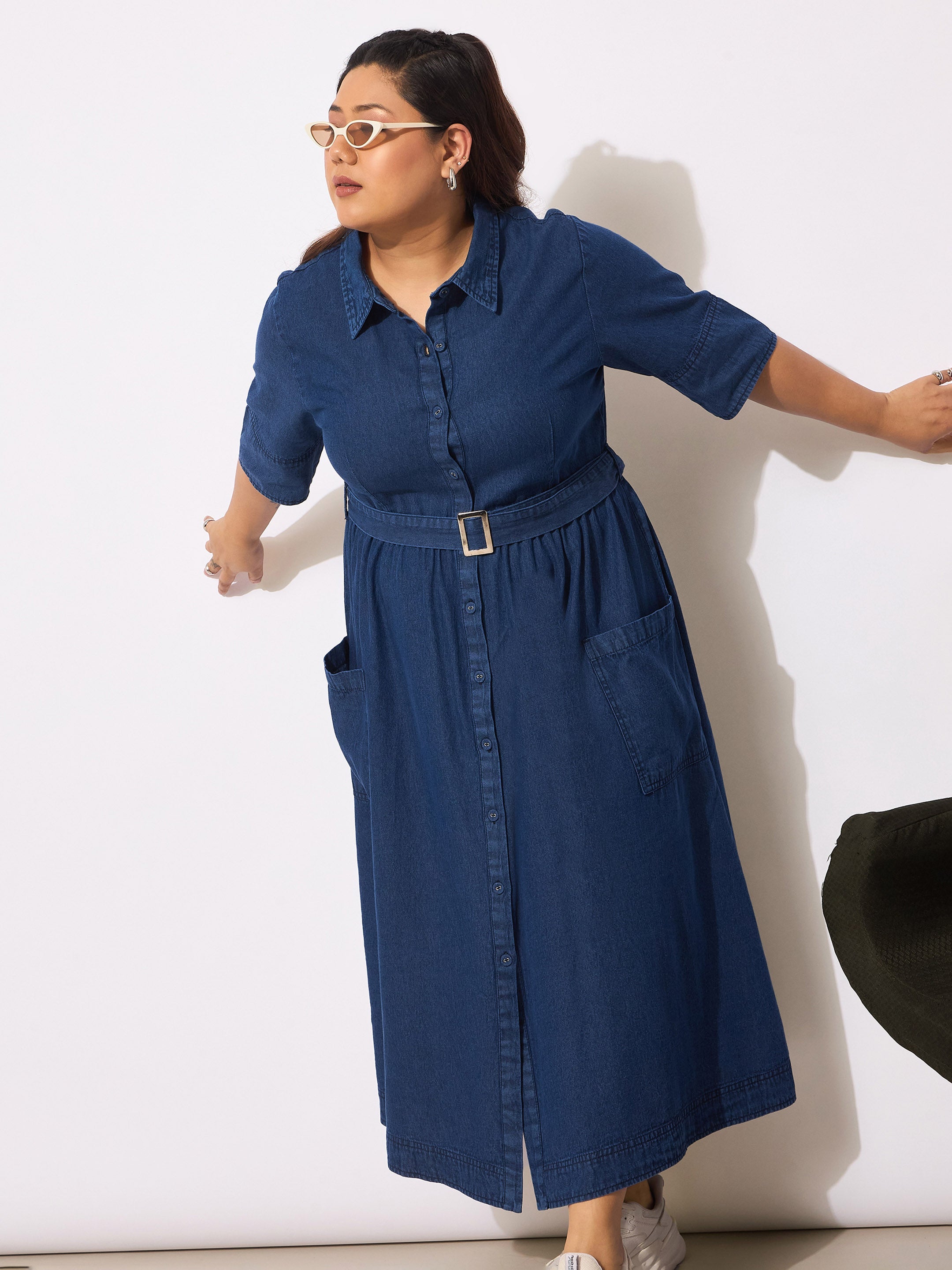 Women Navy Tencel Front Button Midi Dress-SFDRSS12650