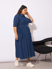 Women Navy Tencel Front Button Midi Dress-SFDRSS12650