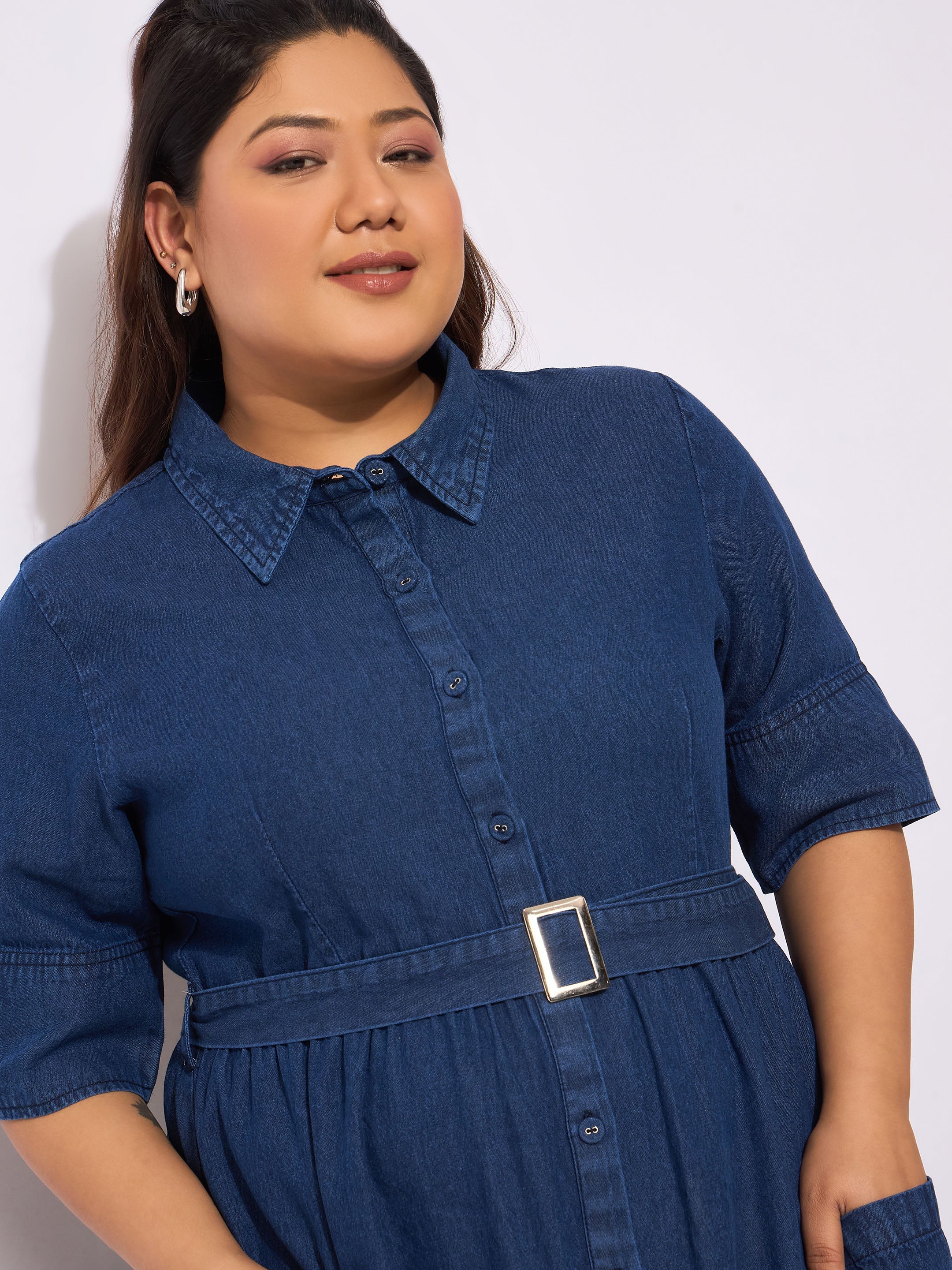 Women Navy Tencel Front Button Midi Dress-SFDRSS12650