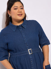 Women Navy Tencel Front Button Midi Dress-SFDRSS12650