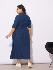 Women Navy Tencel Front Button Midi Dress-SFDRSS12650
