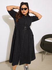 Women Black Tencel Front Button Midi Dress-SFDRSS12651