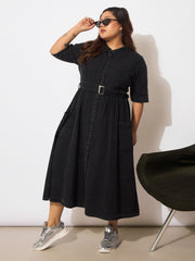 Women Black Tencel Front Button Midi Dress-SFDRSS12651