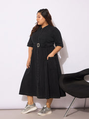 Women Black Tencel Front Button Midi Dress-SFDRSS12651