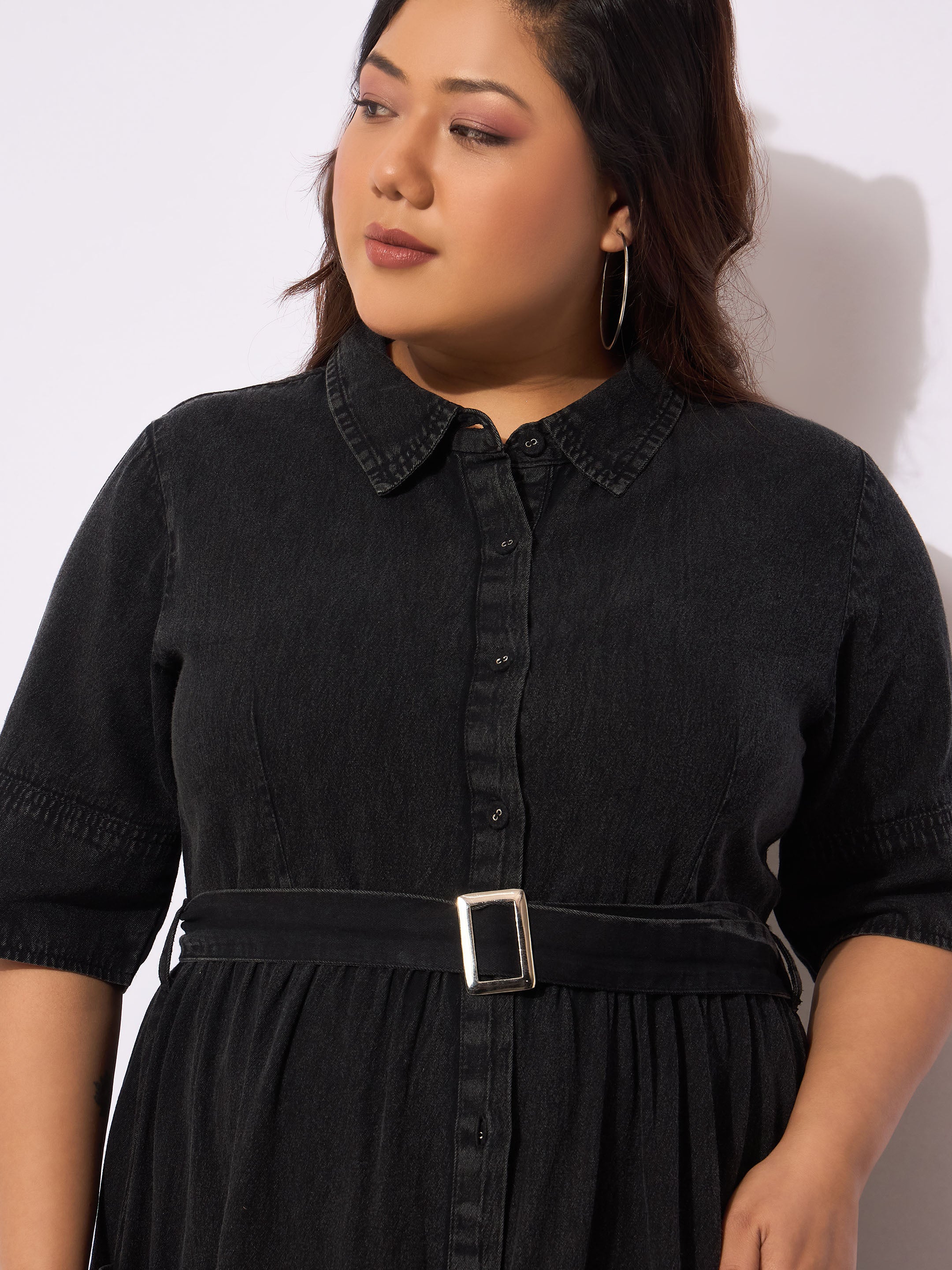 Women Black Tencel Front Button Midi Dress-SFDRSS12651