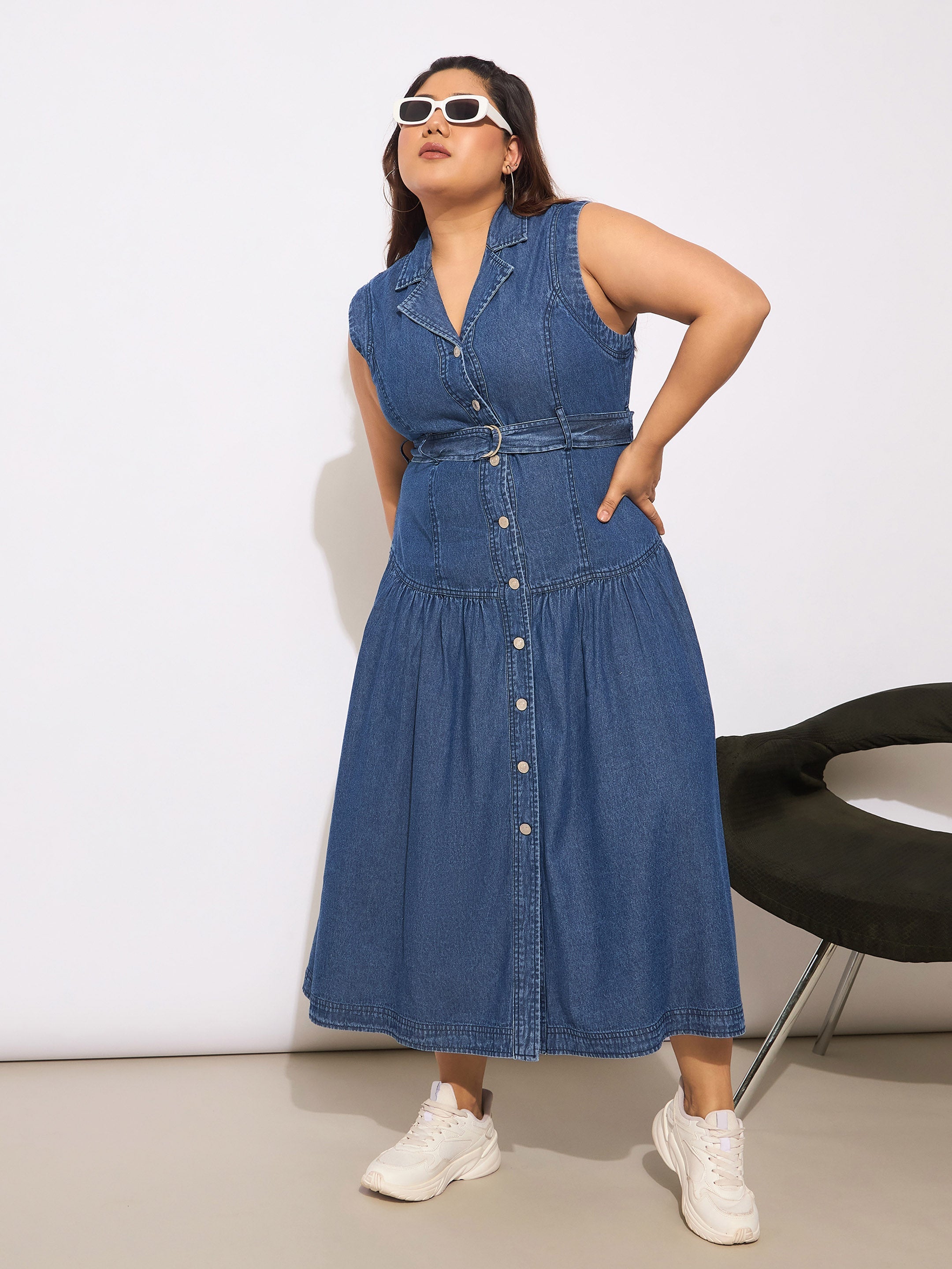 Women Navy Tencel Front Open Sleeveless Flared Dress-SFDRSS12653
