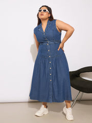 Women Navy Tencel Front Open Sleeveless Flared Dress-SFDRSS12653