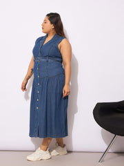 Women Navy Tencel Front Open Sleeveless Flared Dress-SFDRSS12653