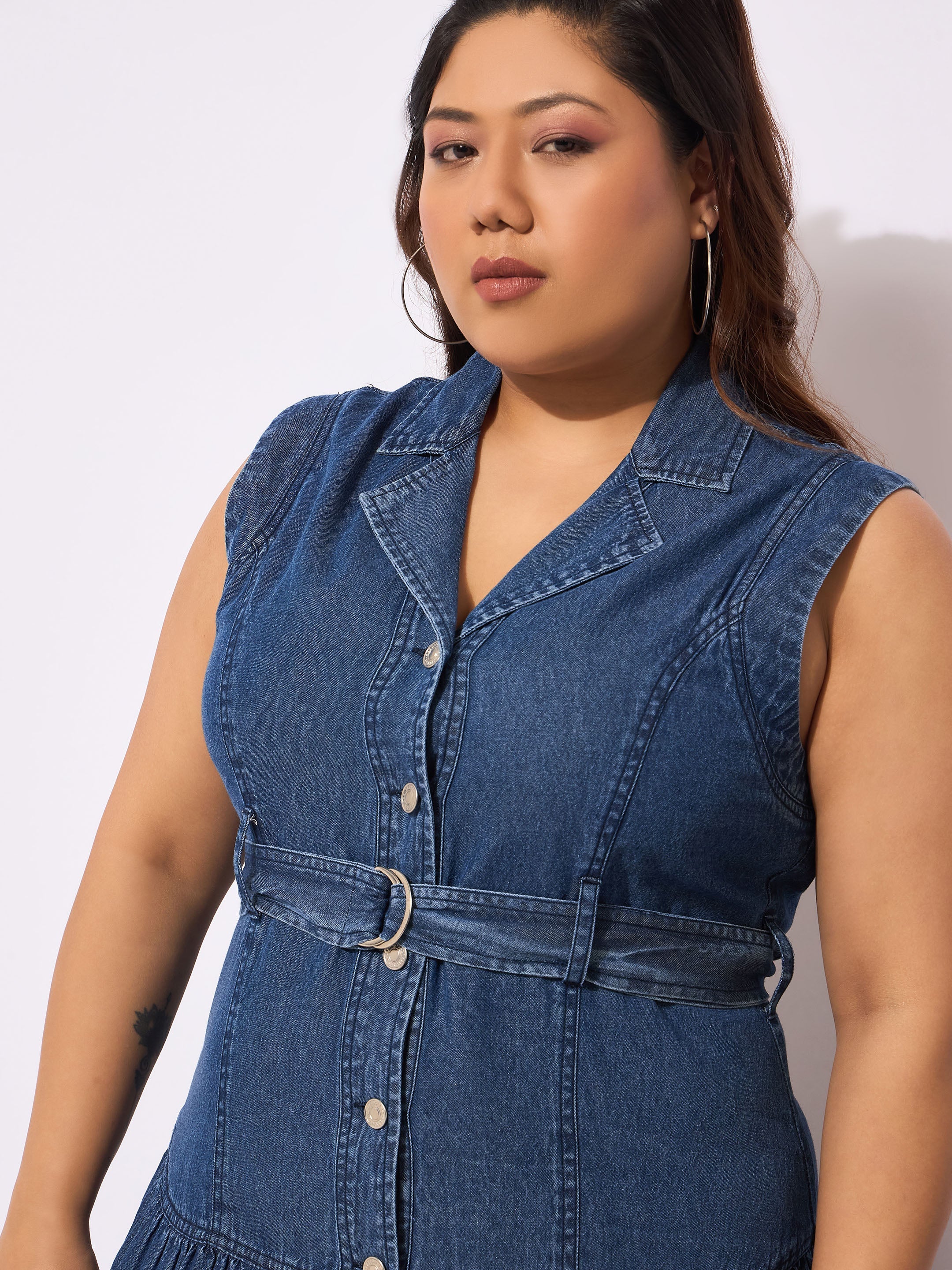 Women Navy Tencel Front Open Sleeveless Flared Dress-SFDRSS12653