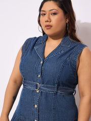 Women Navy Tencel Front Open Sleeveless Flared Dress-SFDRSS12653