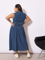 Women Navy Tencel Front Open Sleeveless Flared Dress-SFDRSS12653
