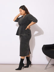 Women Black Denim V Neck Front Peplum Dress-SFDRSS12656