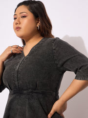 Women Black Denim V Neck Front Peplum Dress-SFDRSS12656