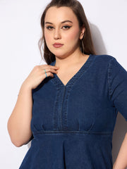 Women Blue Denim V Neck Front Peplum Dress-SFDRSS12657