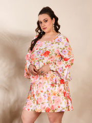 Women Beige Floral Full Sleeves Short Dress-SFDRSS12660