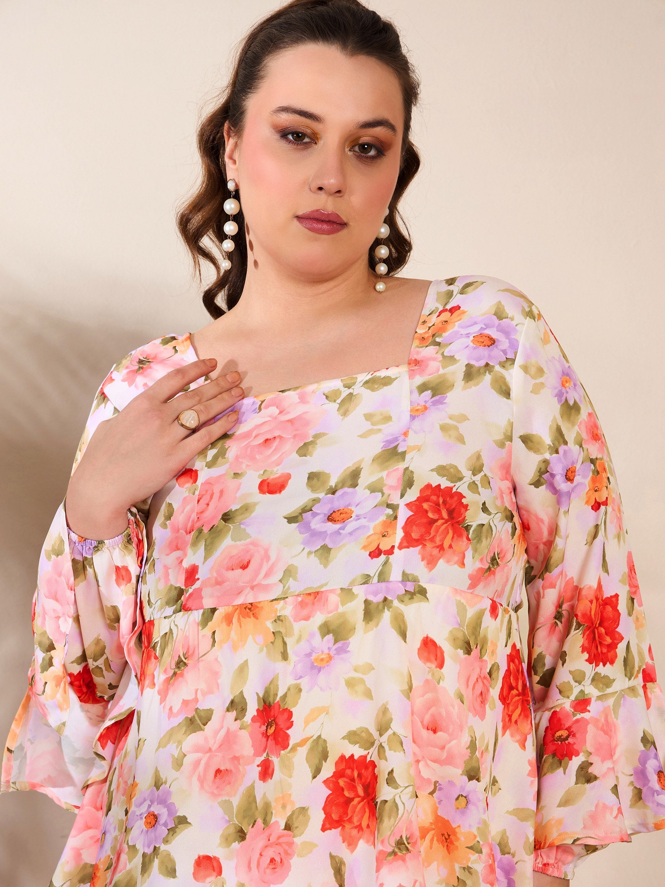 Women Beige Floral Full Sleeves Short Dress-SFDRSS12660