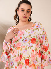 Women Beige Floral Full Sleeves Short Dress-SFDRSS12660