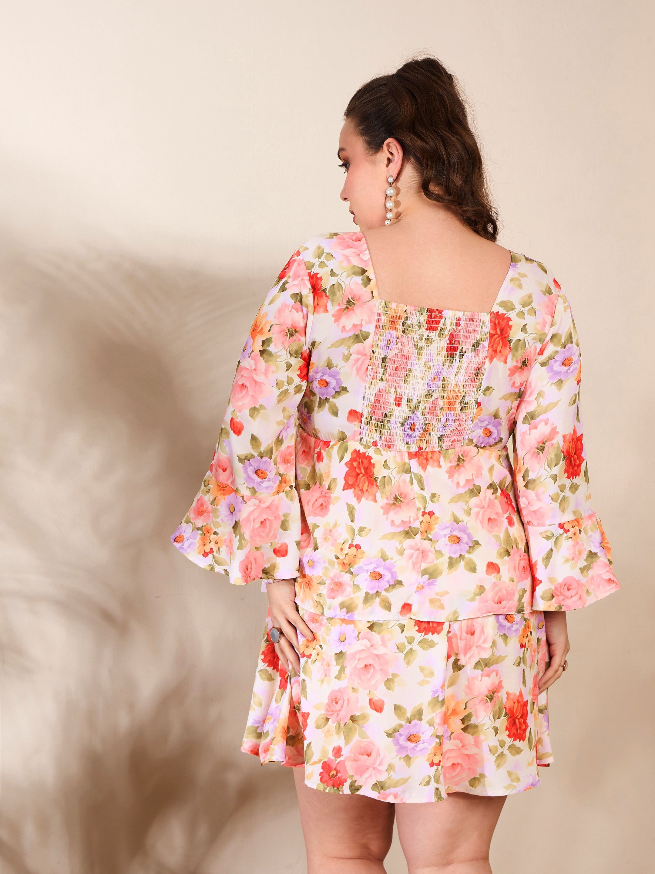 Women Beige Floral Full Sleeves Short Dress-SFDRSS12660