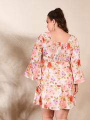 Women Beige Floral Full Sleeves Short Dress-SFDRSS12660