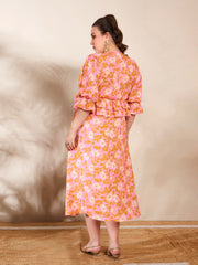 Women Pink Floral Peplum Detail Midi Dress-SFDRSS12662