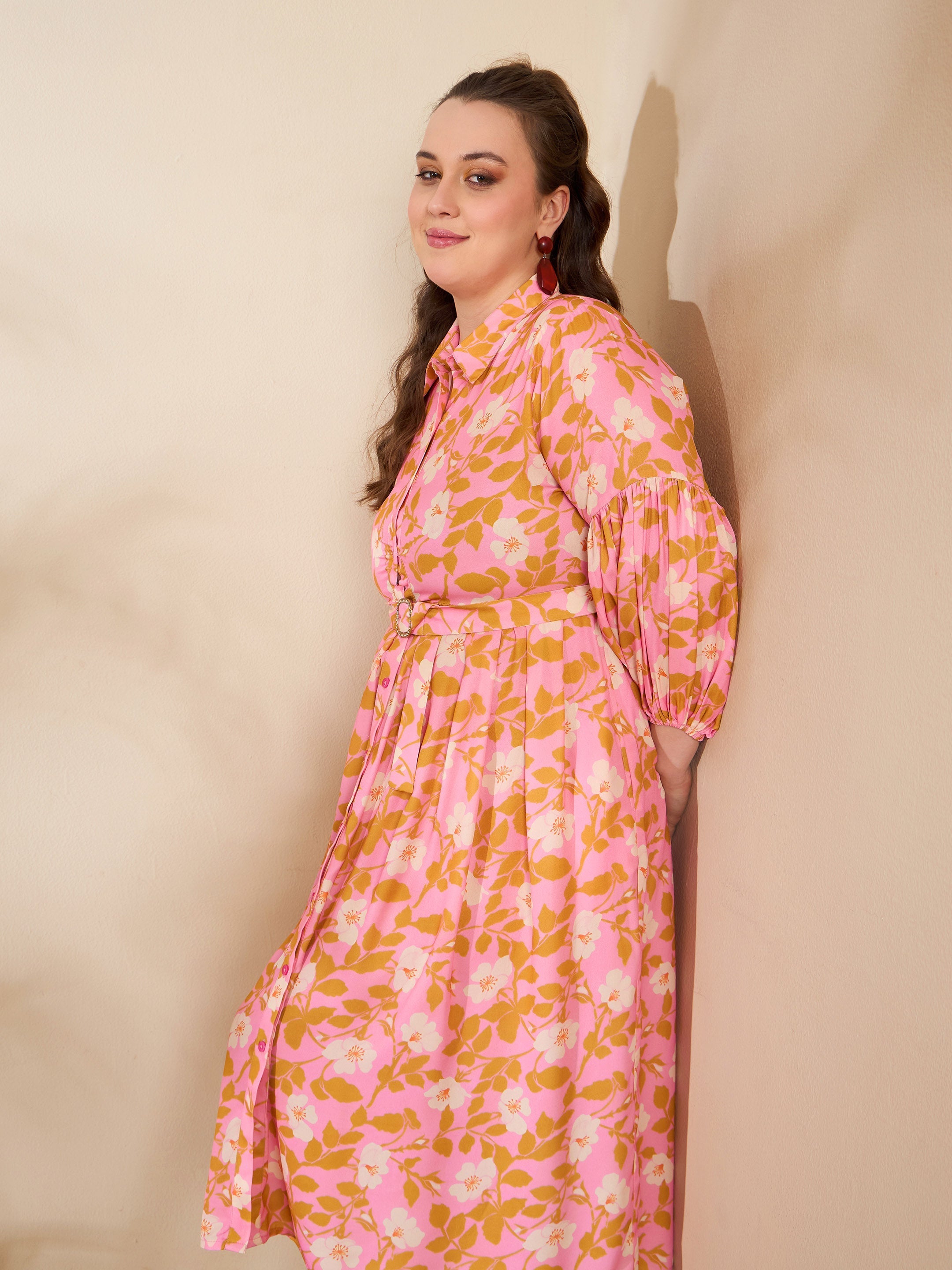 Women Pink Floral Collar Neck Midi Dress-SFDRSS12663