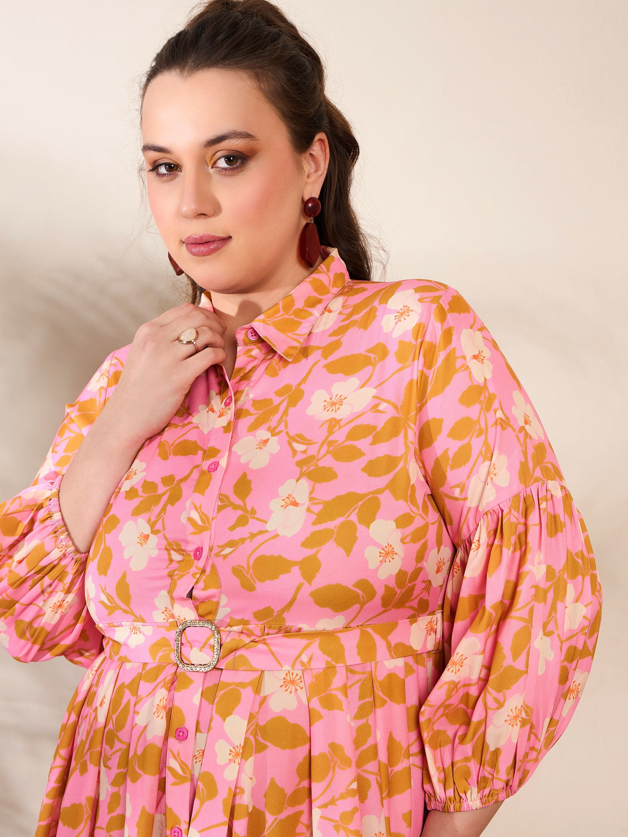 Women Pink Floral Collar Neck Midi Dress-SFDRSS12663