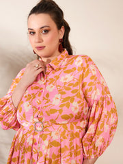 Women Pink Floral Collar Neck Midi Dress-SFDRSS12663