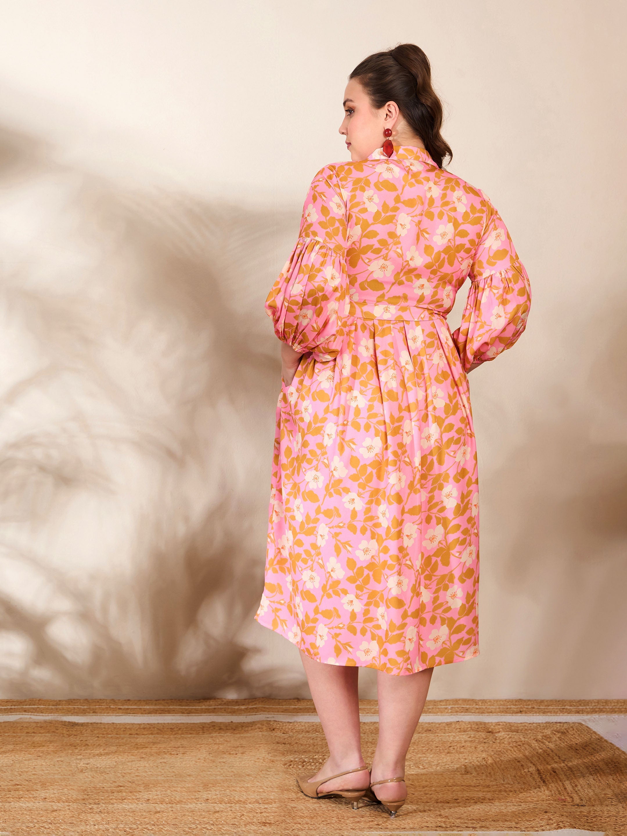 Women Pink Floral Collar Neck Midi Dress-SFDRSS12663
