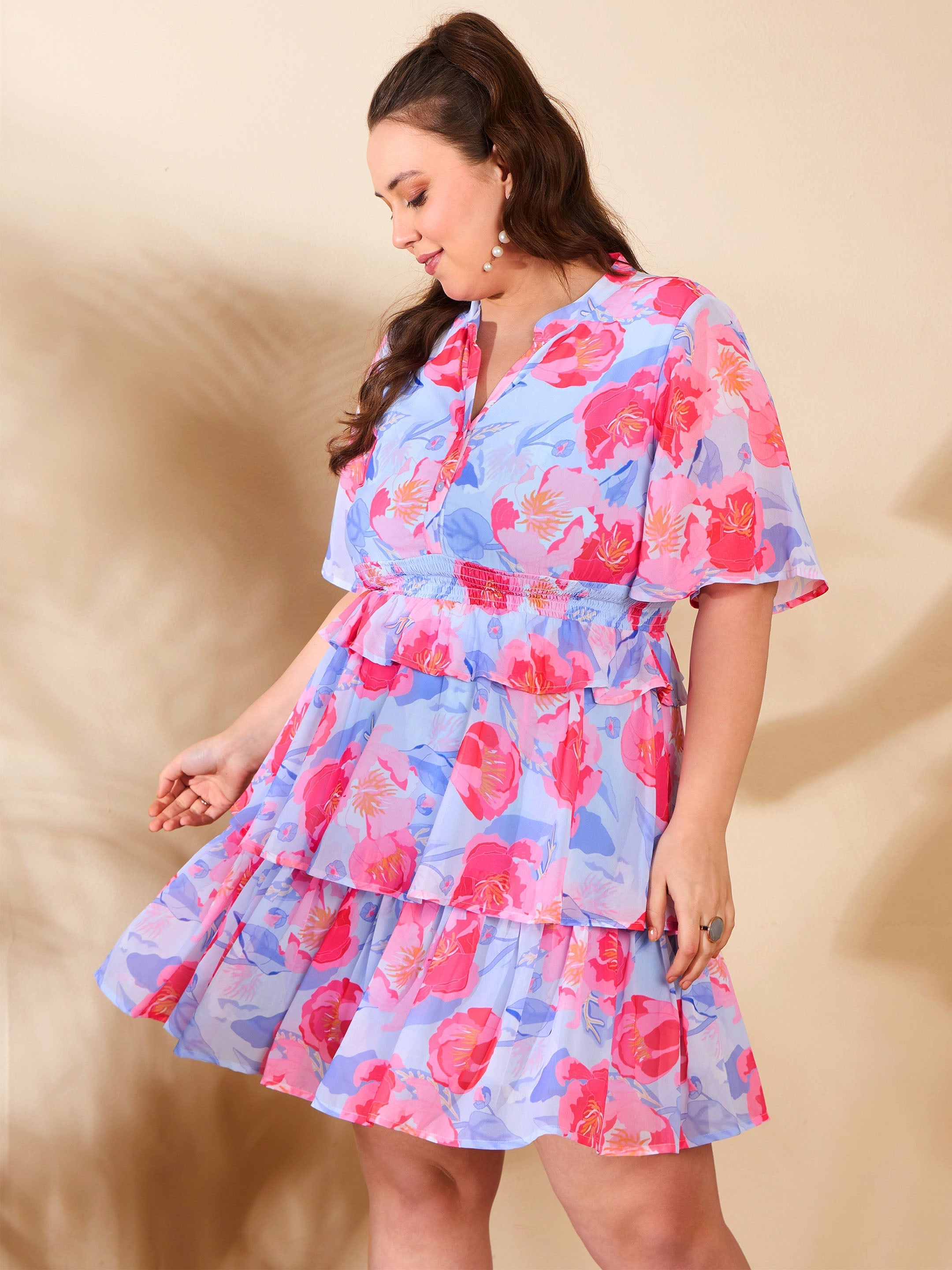 Women Blue Floral Tired Knee Length Dress-SFDRSS12664
