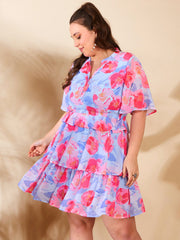 Women Blue Floral Tired Knee Length Dress-SFDRSS12664
