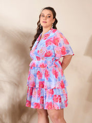 Women Blue Floral Tired Knee Length Dress-SFDRSS12664