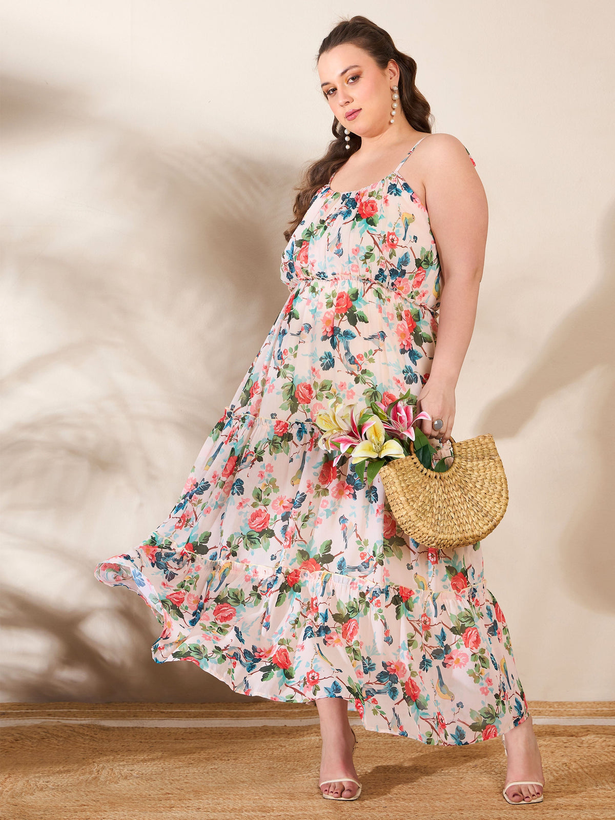 Women Beige Floral Strappy Tired Maxi Dress-SFDRSS12666